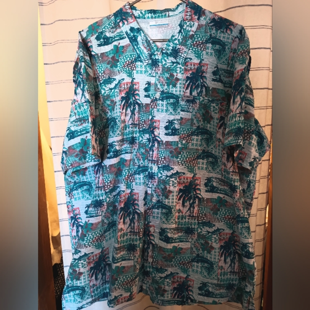 Columbia Men's PFG Short Sleeve Fishing Shirt Teal Tropical Fish Beach XL